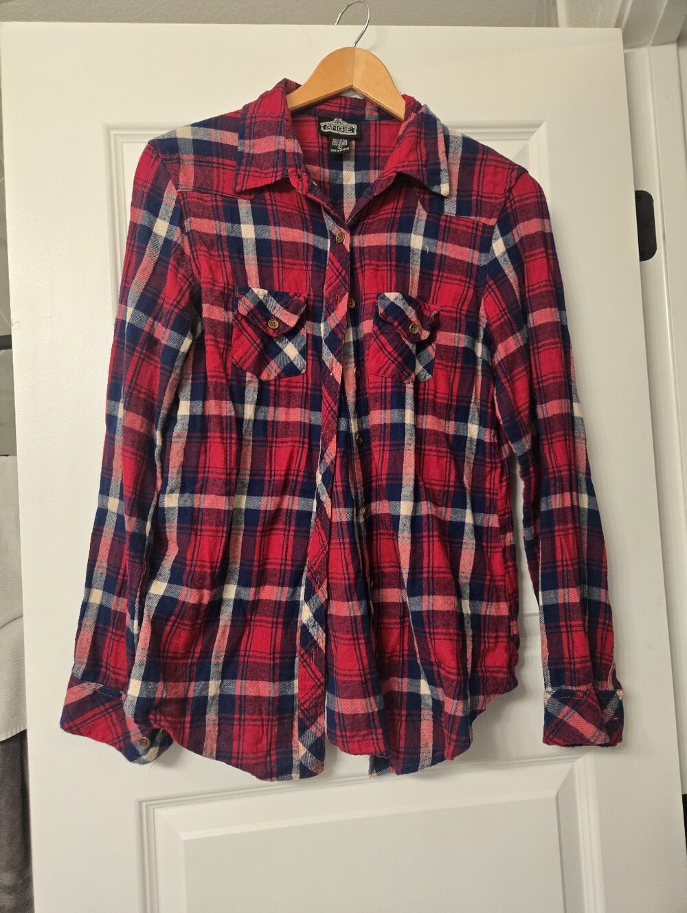 Angie Plaid Flannel Button Down Shirt Size Large Runs Small Red Navy 100% Cotton